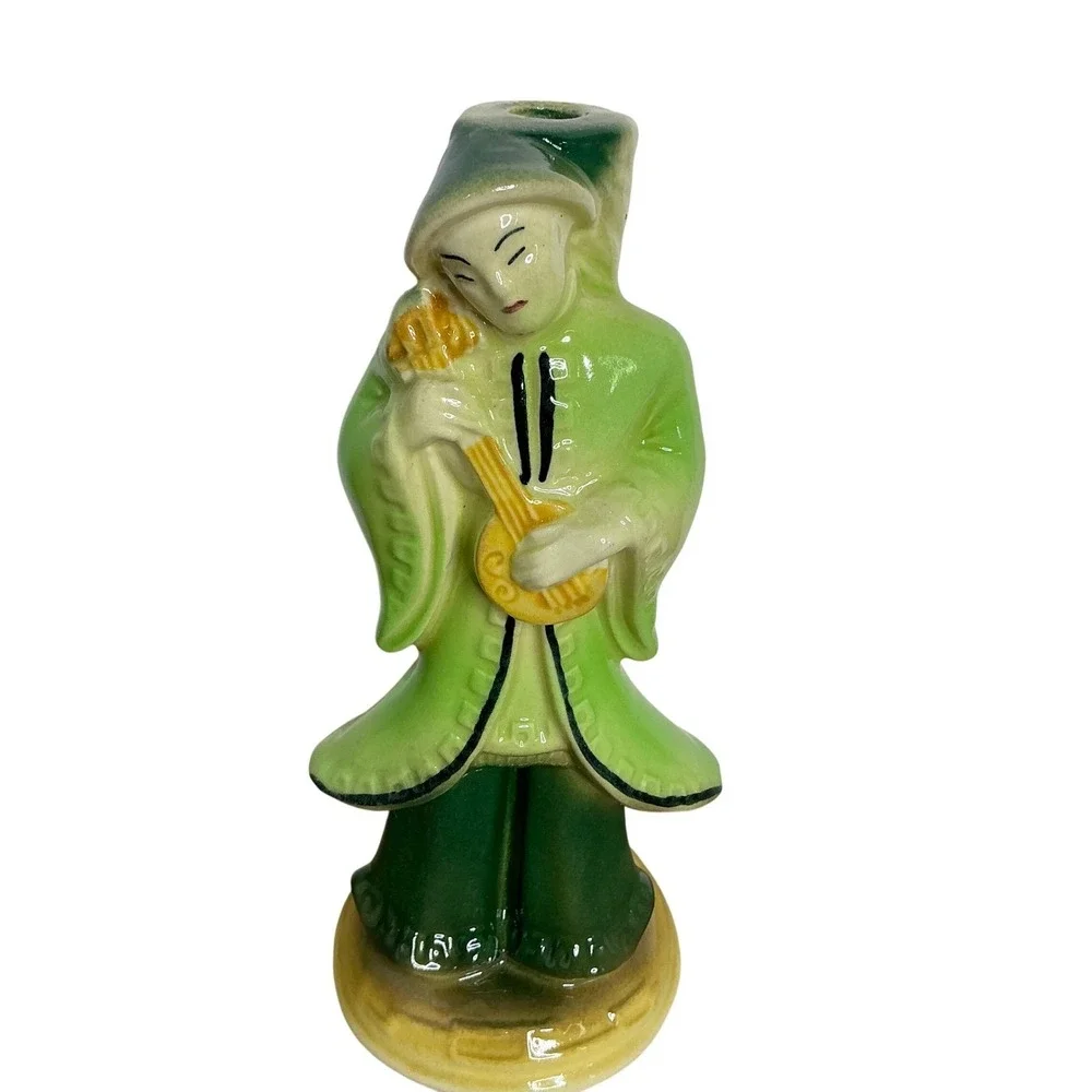 Ceramic Woman Lute Figurine Green Robe Asian Mystical Musician Statue‎ 8.5
